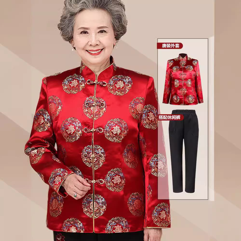 2024 New Grandma Spring-Summer Top Tang Suit Birthday Dress Loose Festive Cardigan Stand Collar Fashion Frog Button