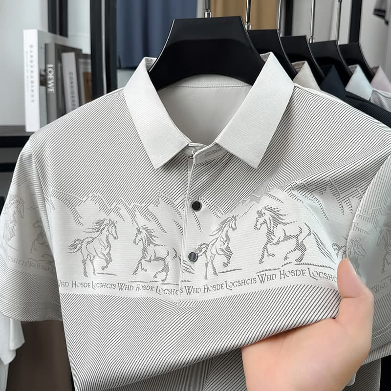 Summer New Men's Light Business Short Sleeve Polo Shirt with Horse Pattern, Comfortable Half Sleeve Top, Simple Fashion Men's Half T