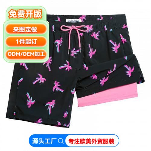 European and American Cross-Border Trade Summer Hot-Selling Surf Print Built-in Pocket 2-in-1 Men's Beach Shorts with Drawstring