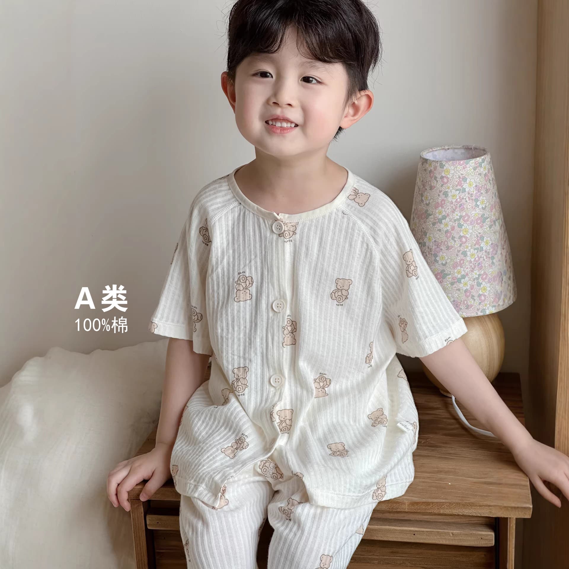 Boys Pajamas Summer Thin Breathable Pure Cotton A-Class Children Cardigan Air Conditioning Homewear Baby Short-Sleeve Set