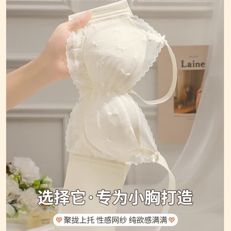 Sheer Sexy Sweet Girl Bra for Small Bust, Wire-Free Push-Up Side Gathering Lace Breathable Underwear
