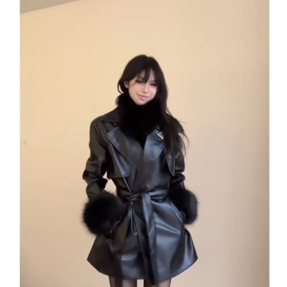 American Fashion Trendy Street Style Suit Leather Jacket Autumn and Winter New Lace-Up Waist Jacket Top for Women