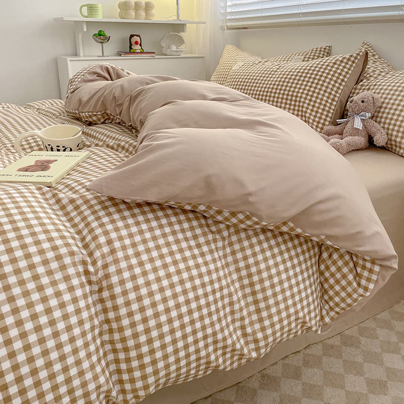 Japanese Simple Pure Cotton Grid Pattern Washed Cotton Bed Sheet Set, Duvet Cover, Fitted Sheet Style, All-Cotton Dormitory 3-Piece Set Wholesale