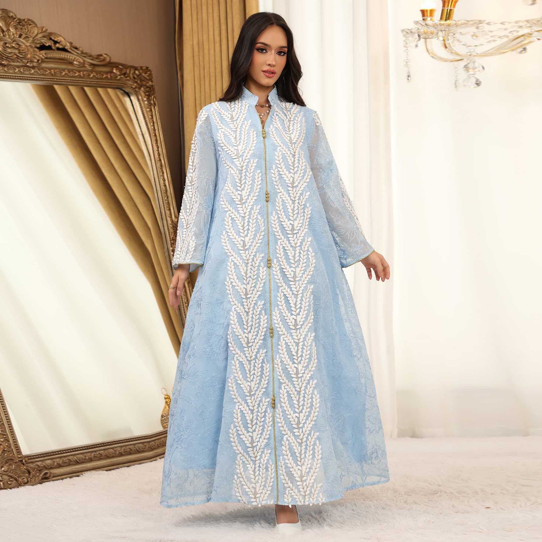 AB504 2025 Winter New Multi-layer Net Tulle Jalabiya Dress Fashion Pullover Style