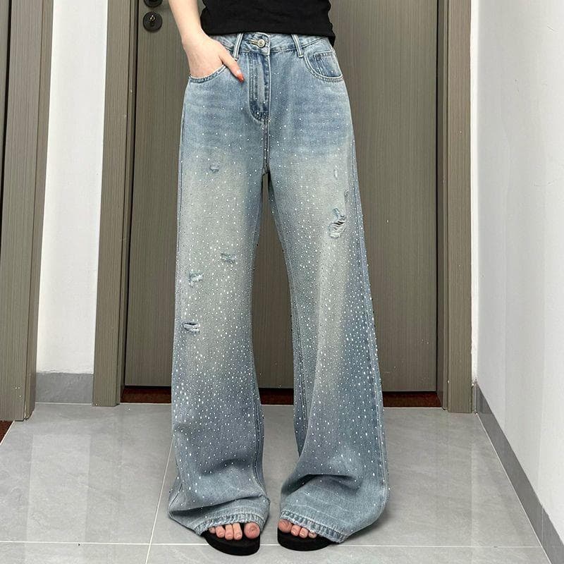 Gypsophila hot diamond jeans 2026 summer thin style slimming leg straight fashion versatile floor-length wide-leg women's pants