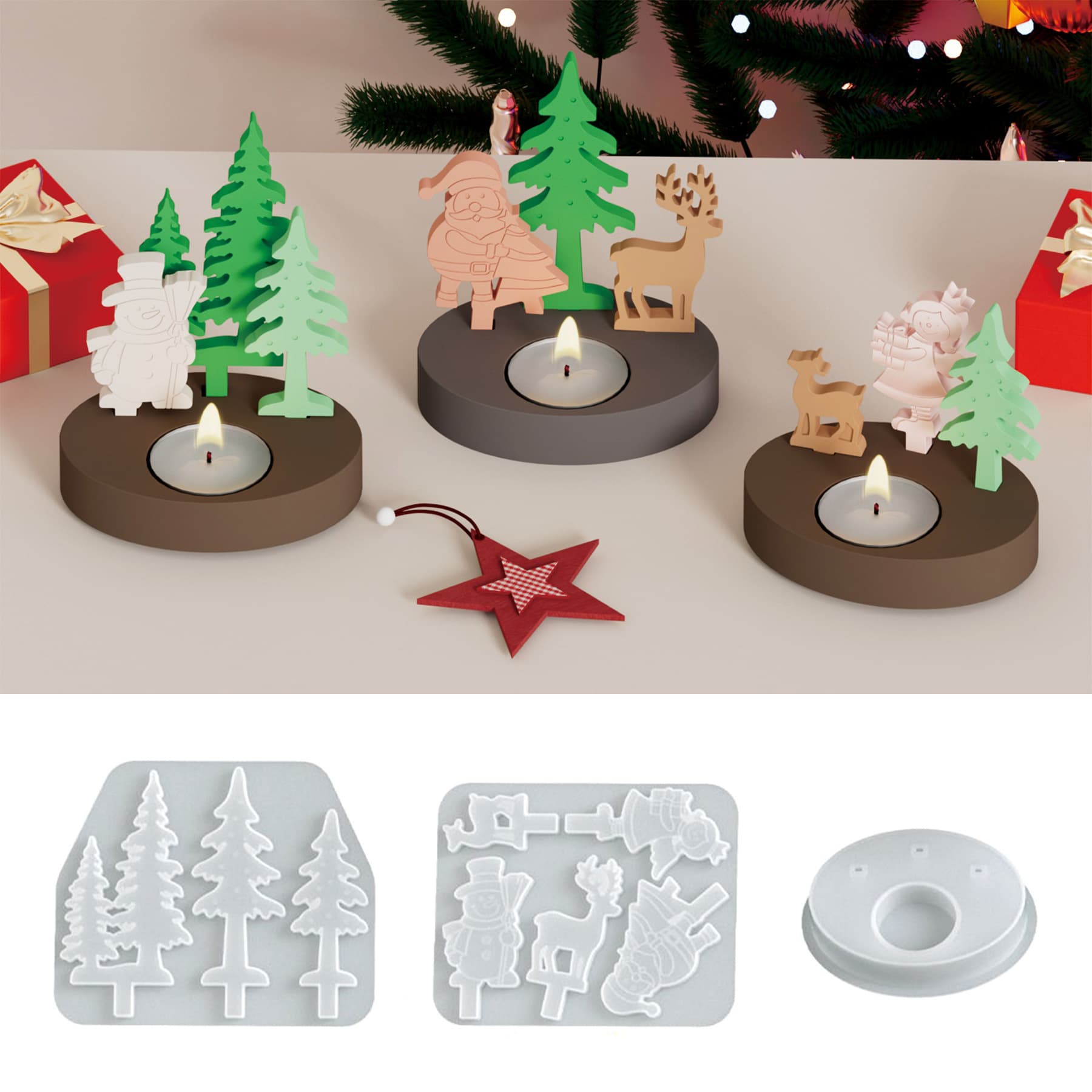 Silicone DIY Aromatherapy Plaster Christmas Tree, Reindeer, Santa Claus, Snowman, Candle Holder Silicone Mold