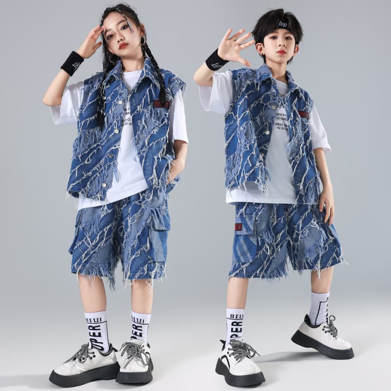 Hip Hop Kids Streetwear Cool Boys and Girls Denim Set Children's Fashion Brand Hip Hop Performance Costume