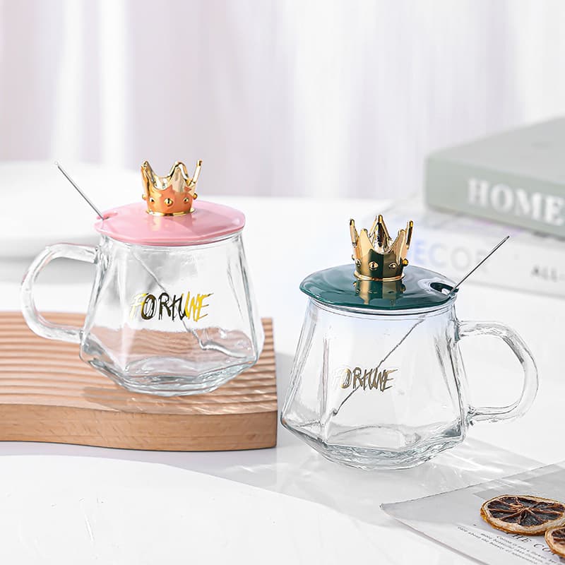 High-looking light luxury breakfast glass ins office creative diamond crown mug with lid gift water cup