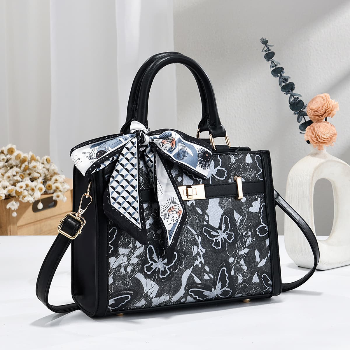 National style butterfly pattern embroidery portable square bag with metal lock and silk scarf factory direct sales hot-selling source bag niche design
