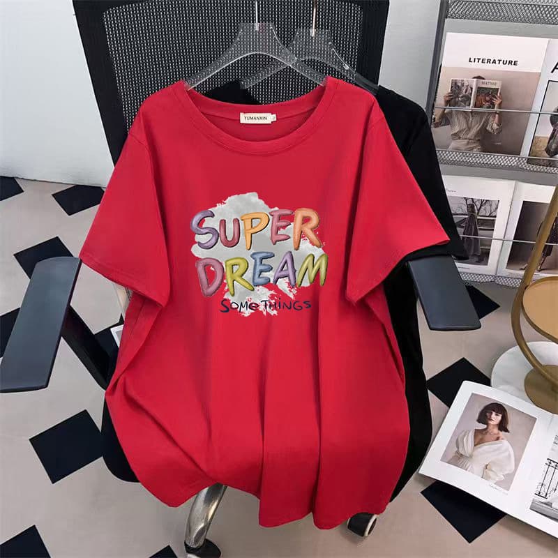 New Round Neck Plus Size Loose Slimming Mid-Length Short Sleeve T-Shirt for Women 200/300/350 lbs 1190