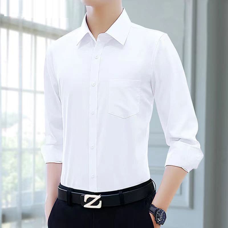 Business Long Sleeve Men's Shirt School Campus Non-Ironed Polyester Fabric Slim Fit Style Pure Color Casual Fashion Urban