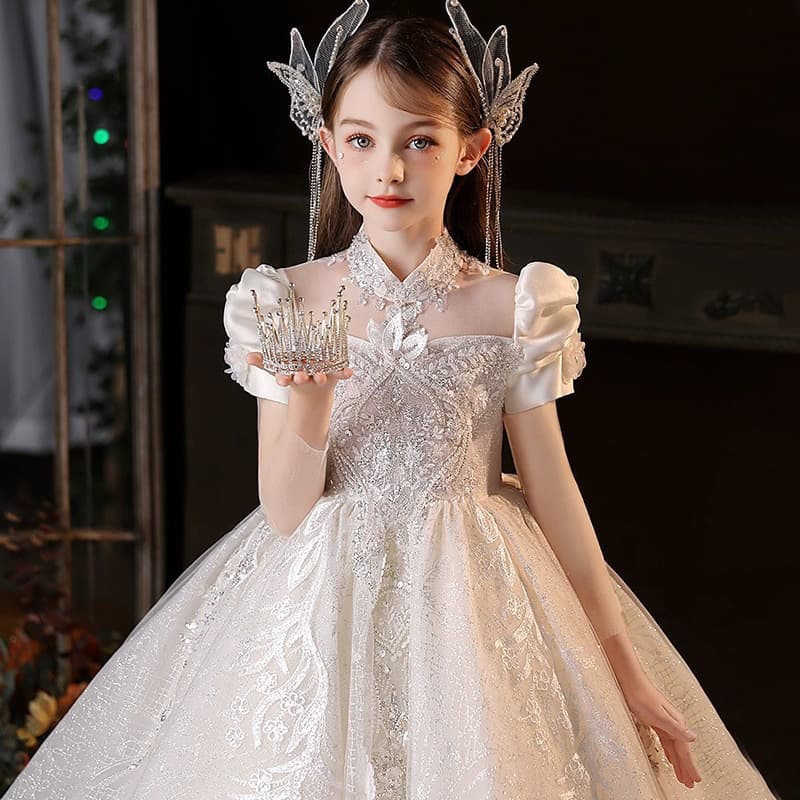 Flower Girl Dress White Little Girl Princess Dress 2026 New Host Birthday Tutu Tulle Children Performance Costume