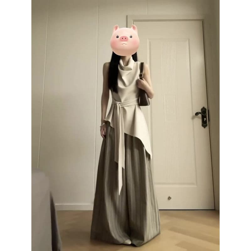 French-style light luxury high-end irregular sleeveless tie-up top women's summer design loose wide-leg pants two-piece set