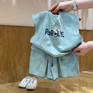 Korean Boys Girls Sleeveless T-Shirt Thin Summer Children Kids Shorts Vest Set Cartoon Baby Set