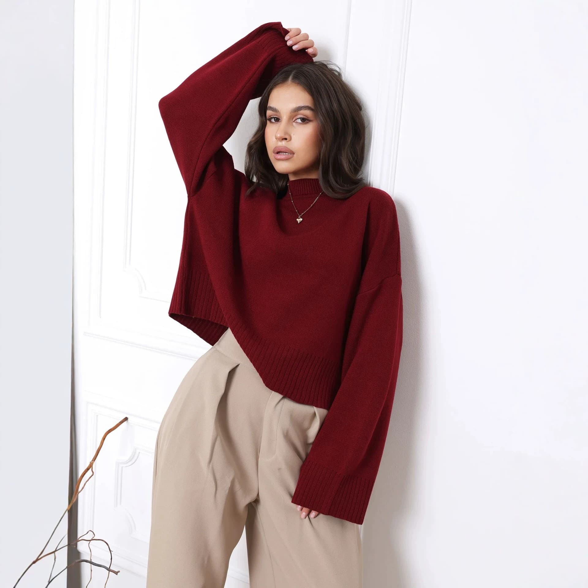 Russia Cross-Border Vintage Wine Red Half Turtleneck Short Knit Sweater Daily Basic Long-Sleeve Knit Top