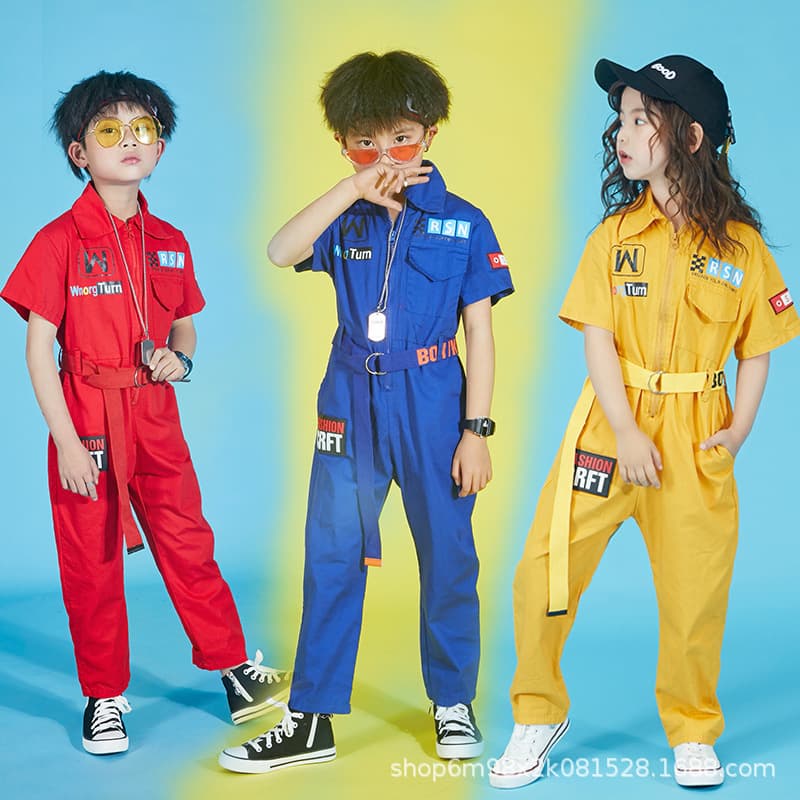 Children's hip-hop trendy girls' workwear-style jumpsuits with belts hip-hop loose hip-hop performance clothes boys' trendy clothes