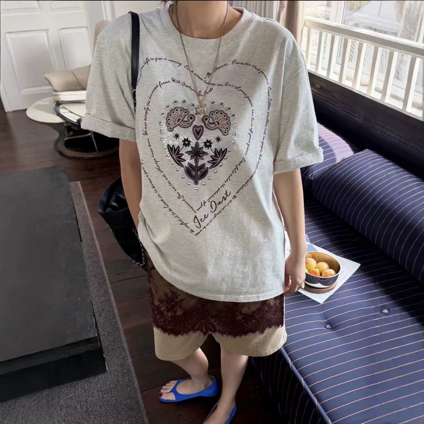 Ice Dust Designer Style 2026 Summer New Heart Bead Print Simple Casual Short Crop T-Shirt