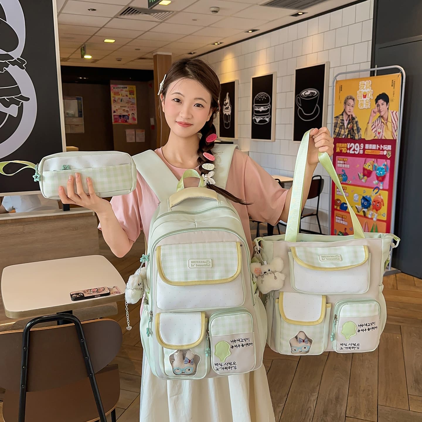 New 3-Piece Backpack Set, Cute High-Appeal Dopamine Color-Block Preppy Style Backpack for Primary and Middle School Students, Multi-Compartment