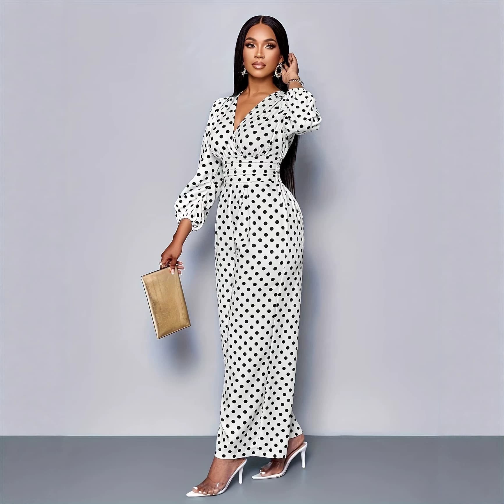 Fashion European & American 2026 Spring/Summer New Women's Wear Export Bubble Sleeve V-Neck Polka Dot Slim Fit Wide-Leg Jumpsuit