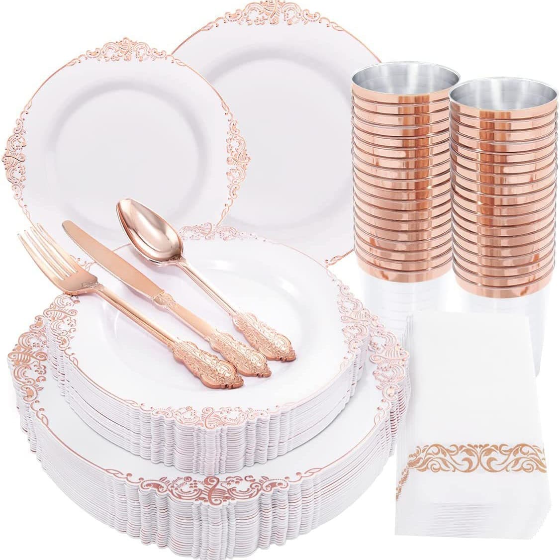 350 700PCS Set Disposable Plates Embossed Colorful Gold Rim Plates Wine Glasses Knives Forks Spoons PS Hard Plastic Cross-border