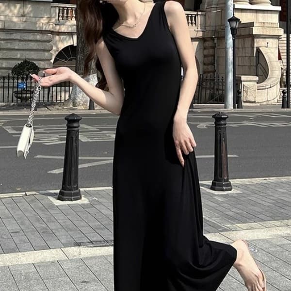 Sleeveless Vest Dress Neck New Long Dress Slimming Bodycon Modal Dress Women Black