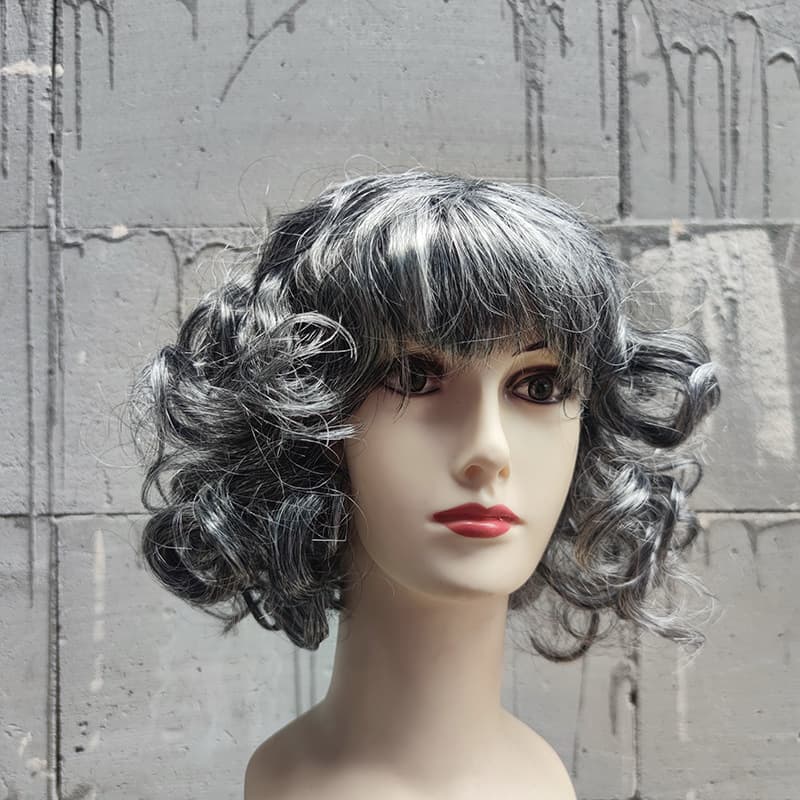 Stage Costume Gray-White Middle-Aged Wig for Elderly Women, Short Curly Performance Wig, Grandma Small Curl Short Hair