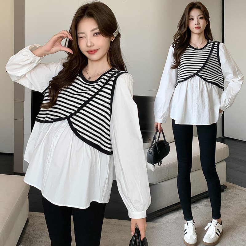 Maternity Wear 2025 Autumn New Korean Style Fashion Patchwork Fake Two-Piece Maternity Shirt