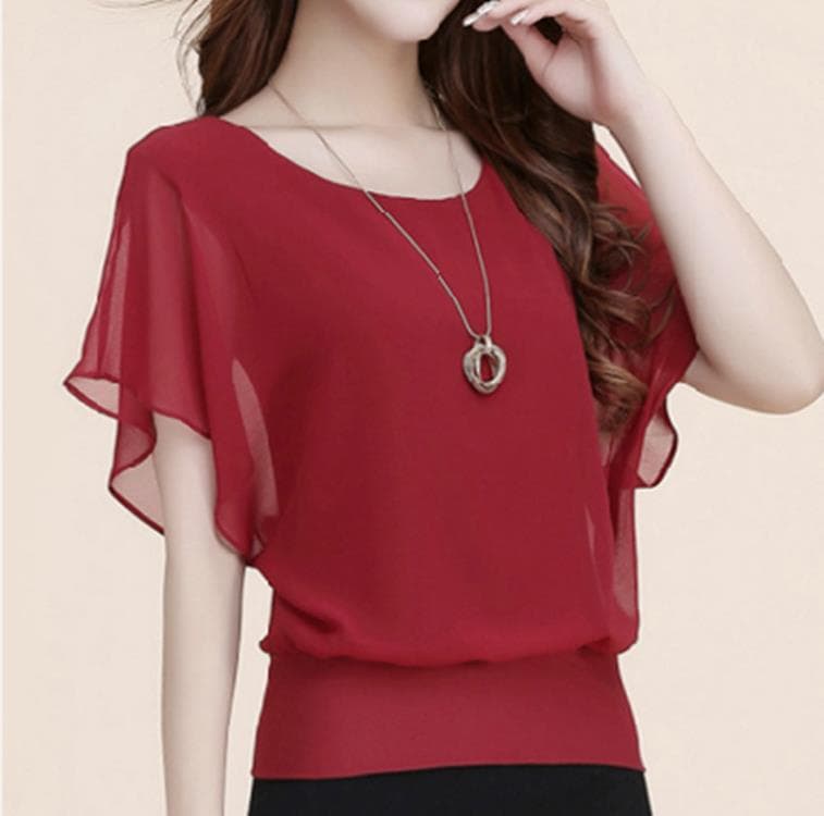 Korean Summer New Chiffon Blouse Women Short Sleeve Plus Size Slimming Batwing Chiffon Top Base Shirt