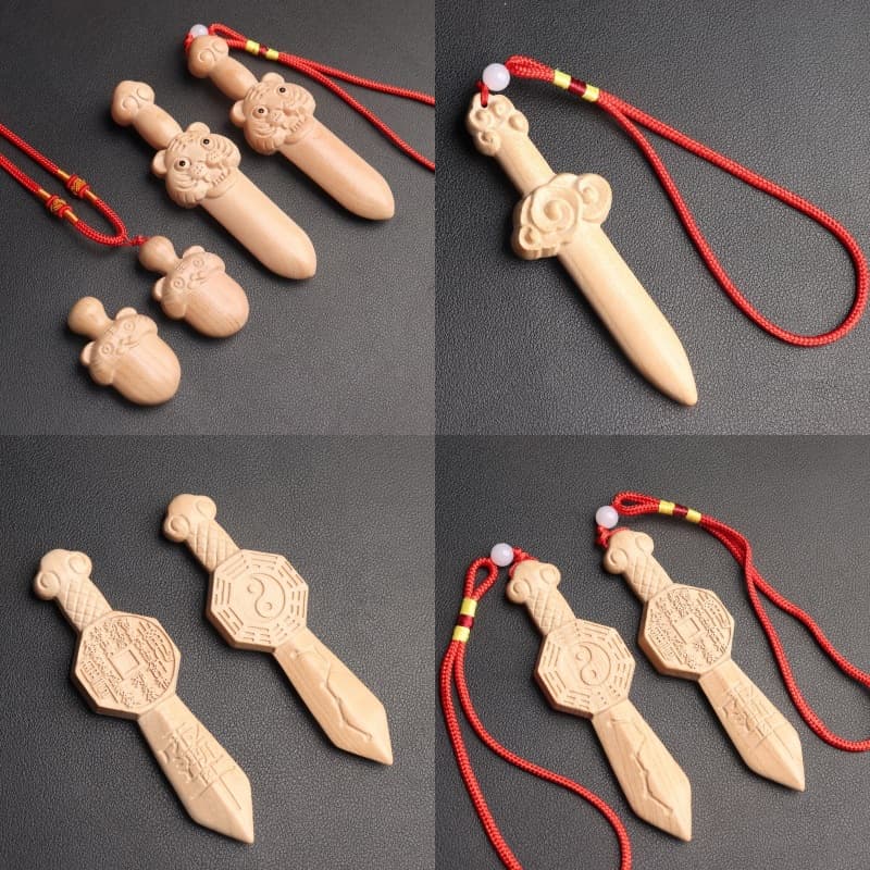 Feicheng Peach Wood Tiger Head Sword with Auspicious Cloud and Bagua Carving, One-Piece Peach Wood Sword for Baby's Peaceful Sleep Under Pillow