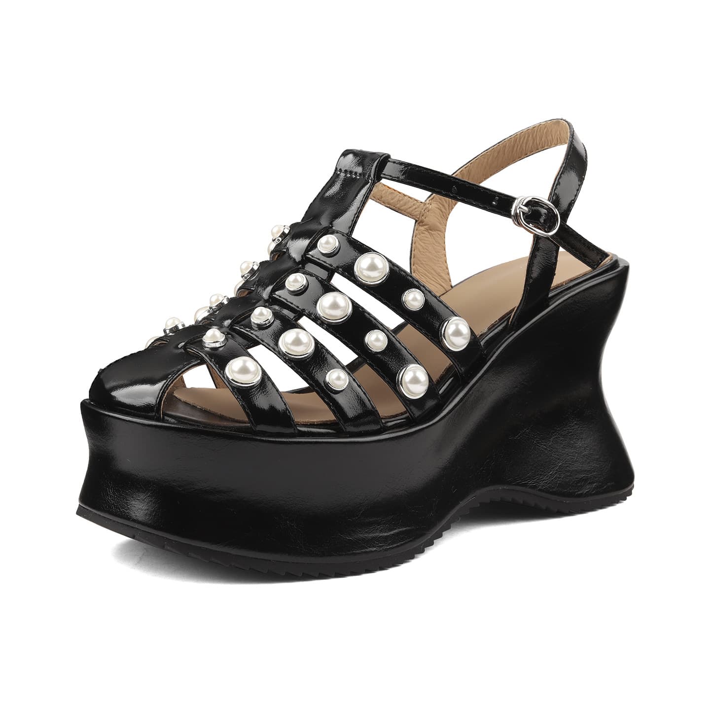 New Black Cowhide Pearl Rivet Platform Roman Sandals ~ Round Toe T-Strap Chunky Sole White Wedge Sandals