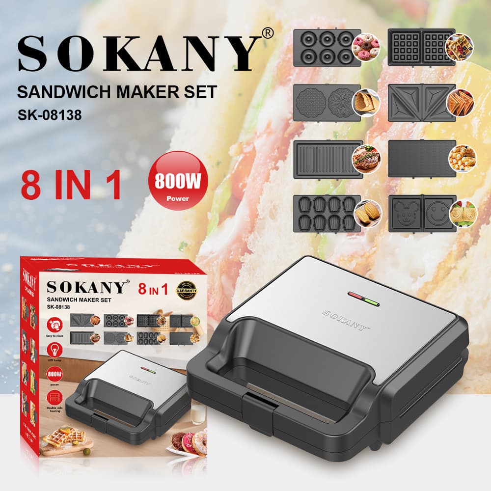 Export SOKANY08138 Breakfast Machine 8-in-1 with Interchangeable Tray Sandwich Maker with Horizontal and Triangular Waffle and Donut Maker