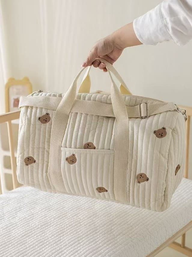 Cross-border Cotton Embroidered Bear Travel Bag Handheld Crossbody Large Capacity Lightweight Storage Boston Bag