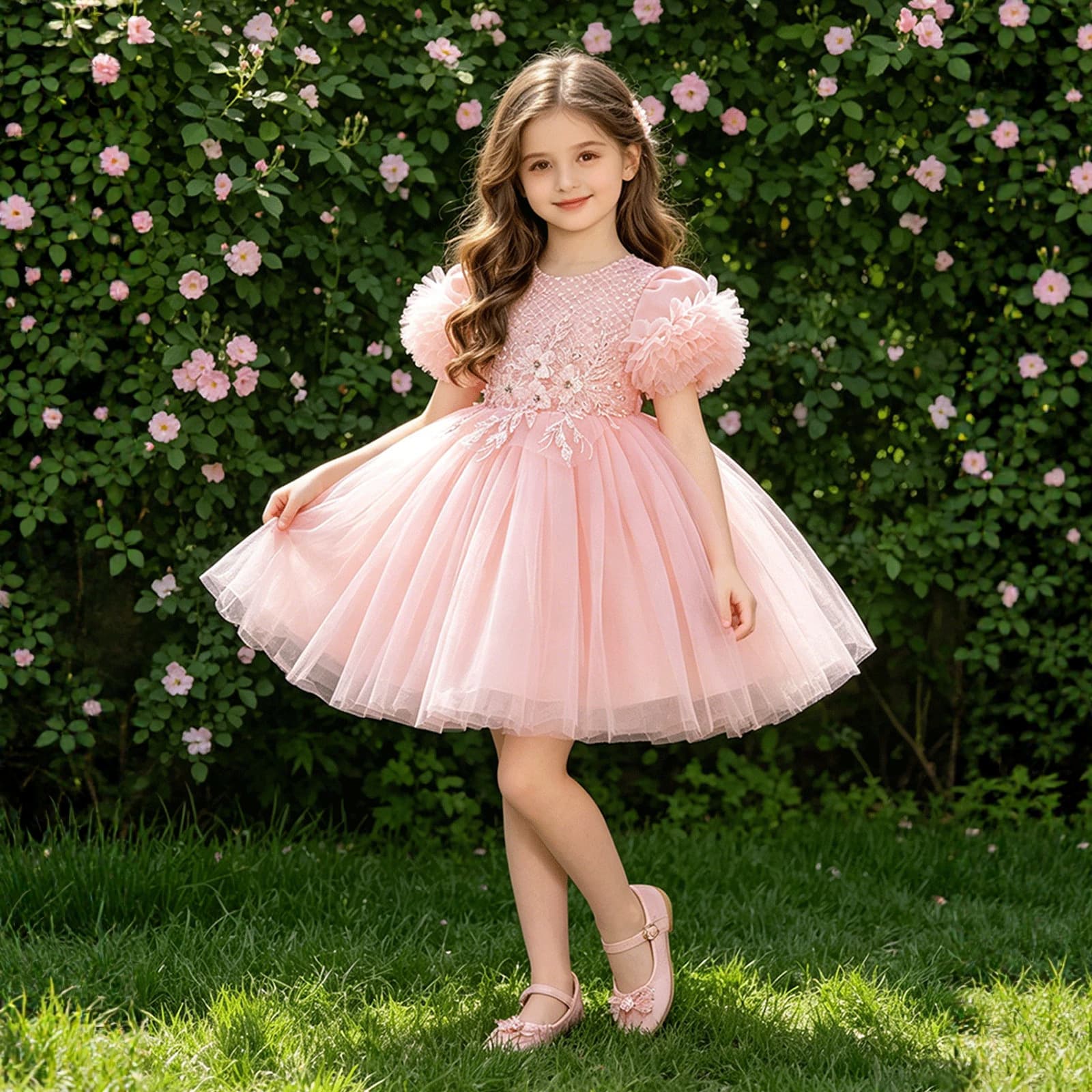AliExpress cross-border children's dress princess dress short-sleeved puffy mesh dress little girl piano performance dress