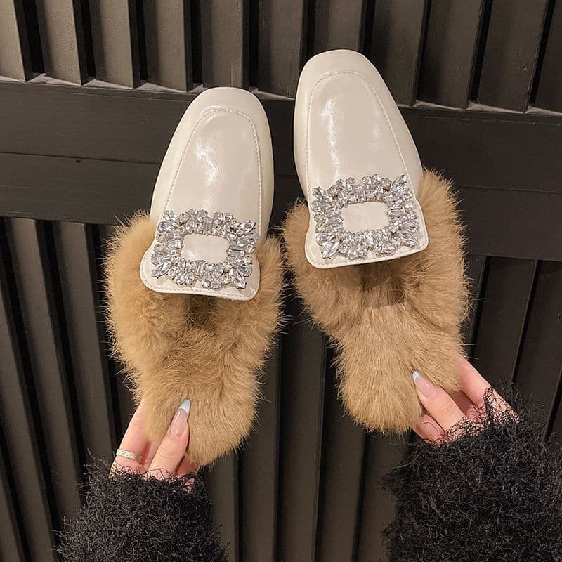 Women's Fuzzy Slippers Outdoor Wear Autumn Winter Mules 2025 New Style Closed-Toe Half Slippers Lazy Shoes Fleece-Lined Chunky Heel Cotton Slippers