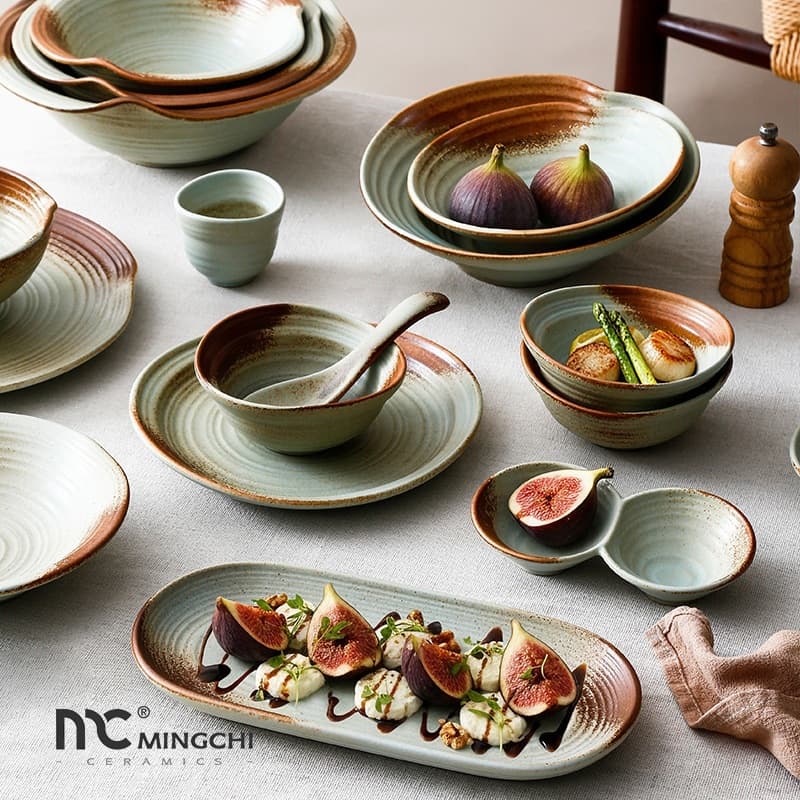 Wabi-Sabi Style Ceramic Dinnerware Set Handmade Pottery Vintage Bowls and Plates for Home Restaurant Serving Japanese Cuisine Plate