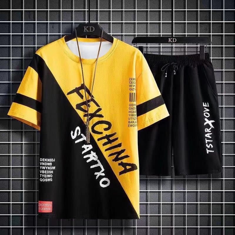 Large size men's thin cool casual suit summer short-sleeved T-shirt shorts two-piece fashion sports T-shirt for men