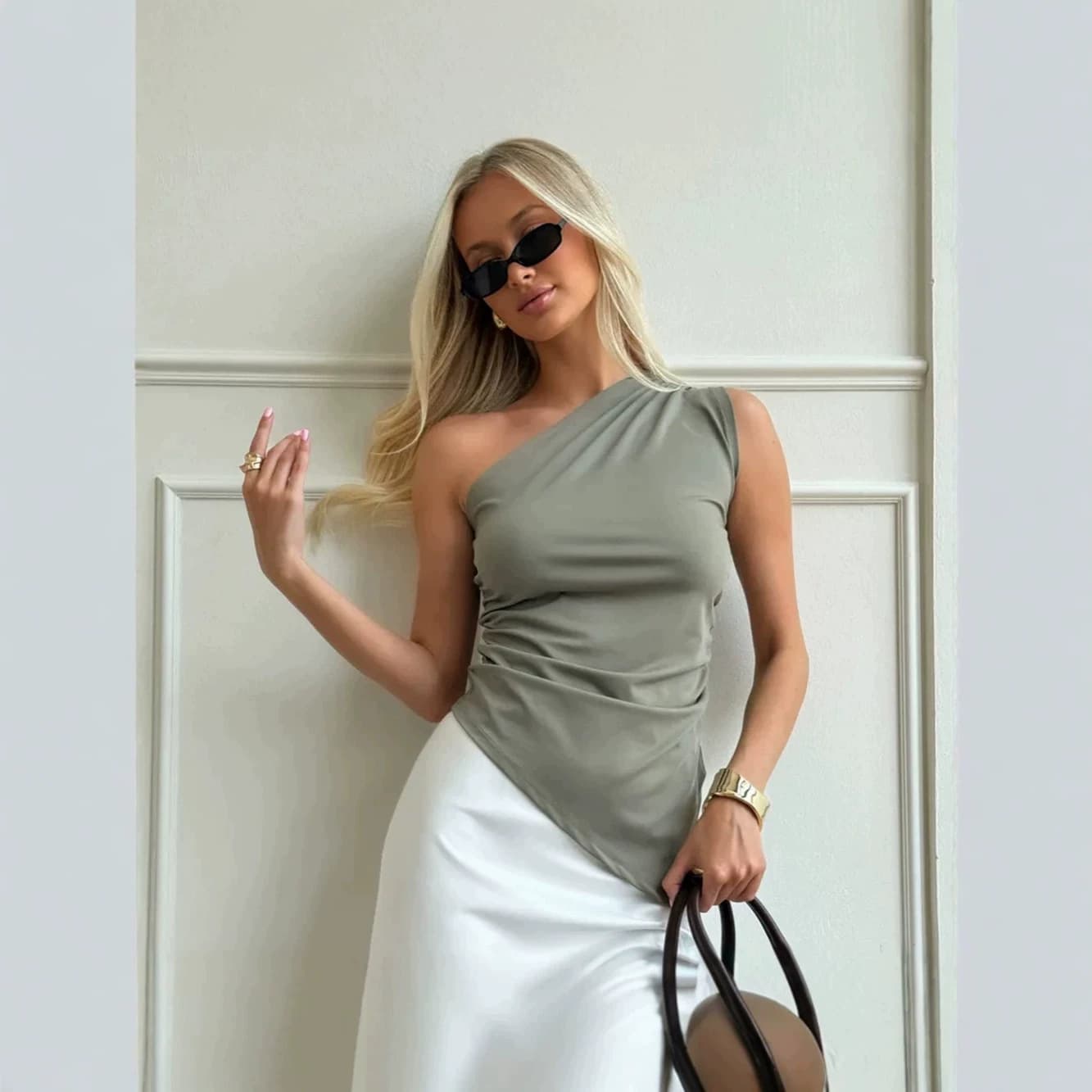Summer Off-Shoulder Split Top Fashion Women Pleated Patchwork Backless Sleeveless Top Retro Clubwear Y2K