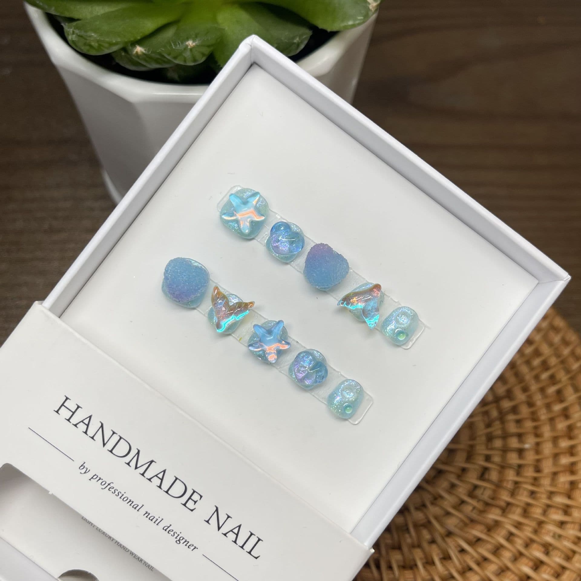 Handmade Children's Wearable Nails Baby Blue Cartoon Ocean DIY Nail Art Ins Style for Ages 3-12