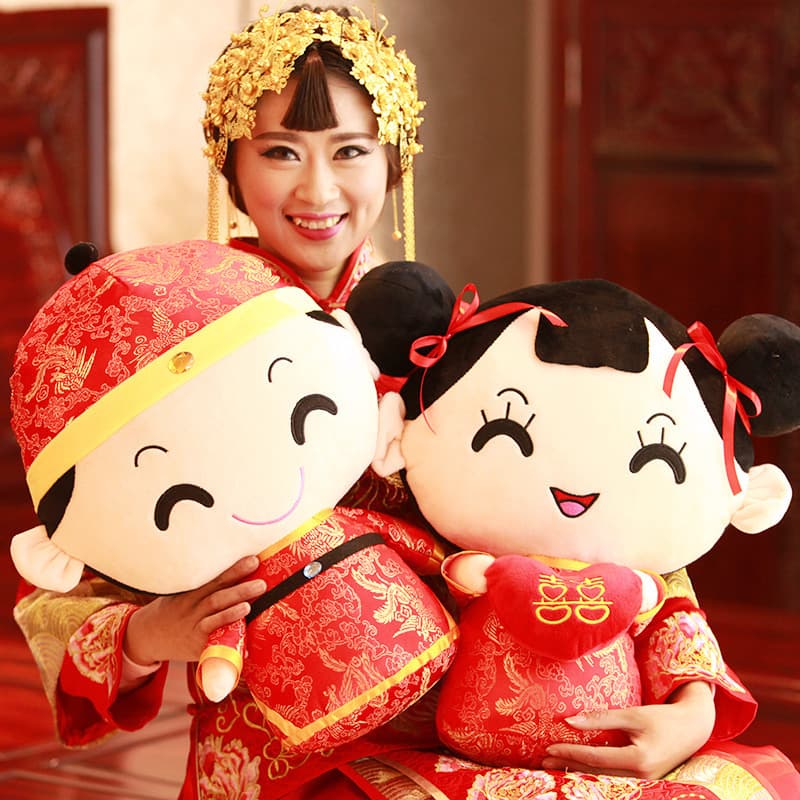 Newlywed Bed Pressing Doll Pair, Latest High-End Wedding Room Plush Toys Featuring Golden Boy and Jade Maiden