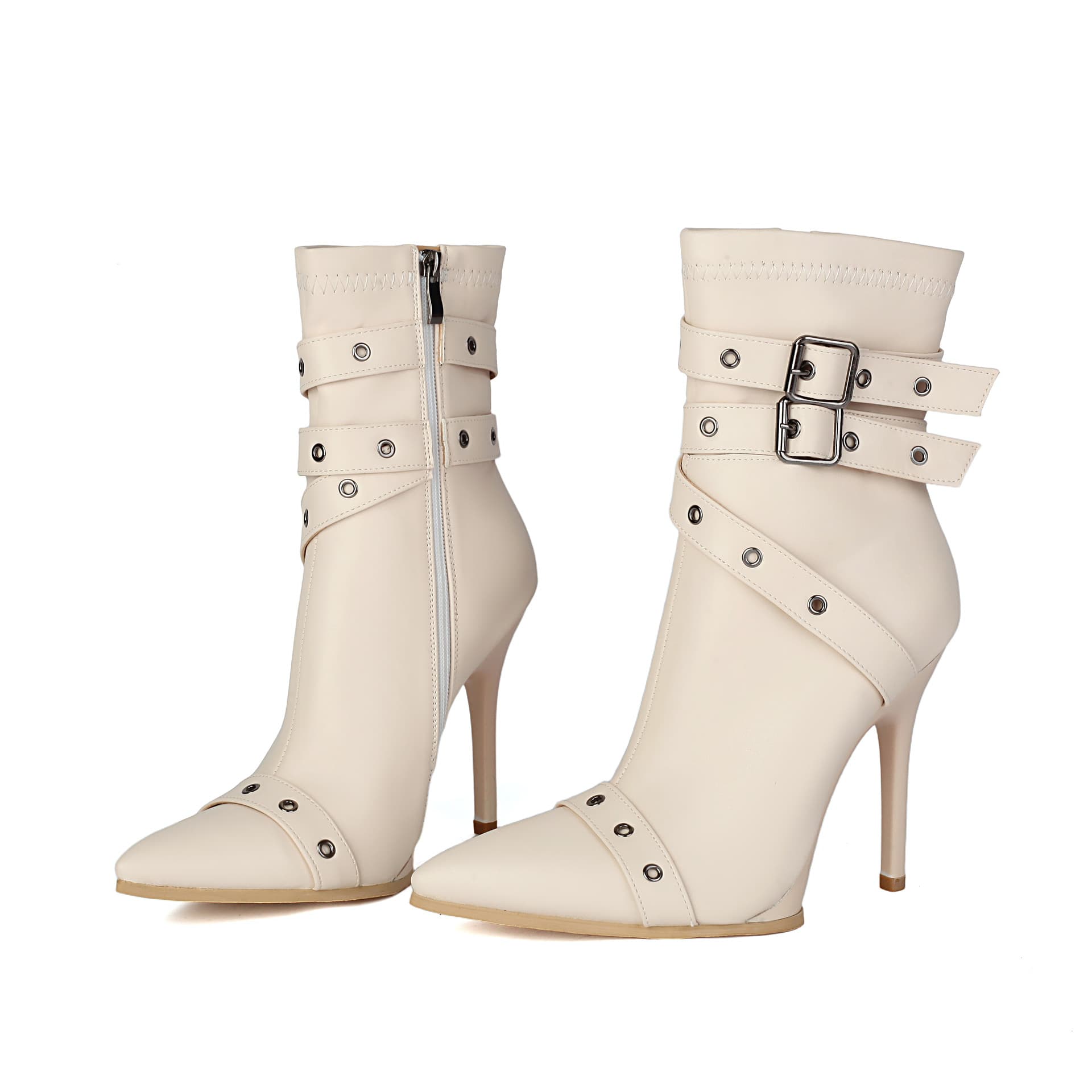 European and American New Style Pointed Toe Thin Heel Metal Stud Fashion Women's Boots Belt Buckle Sexy Foreign Trade Knight Fashion Boots