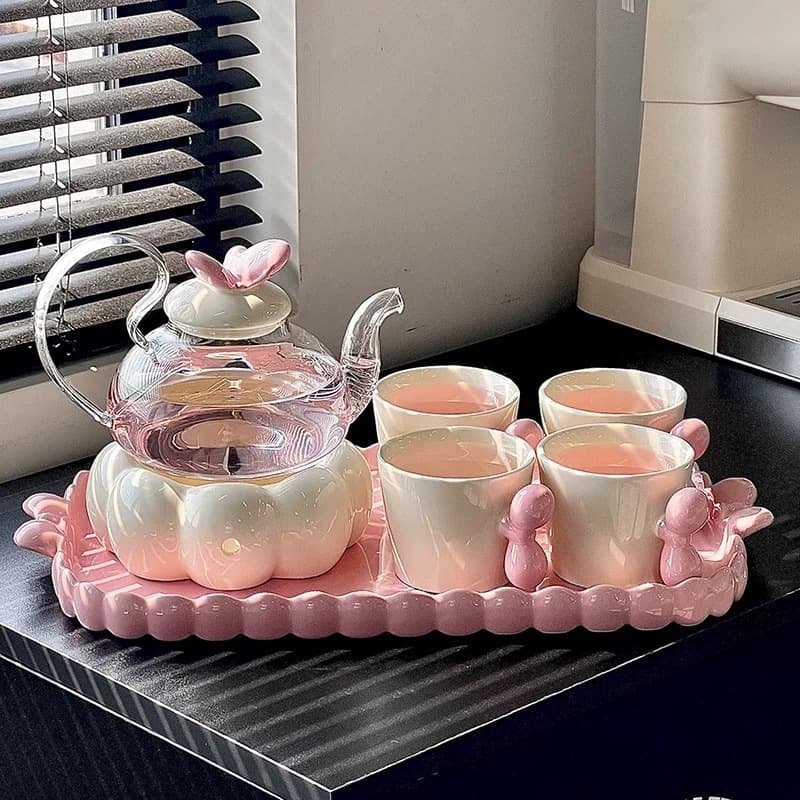 High-quality glass teapot set with floral and fruit decorations, candle heating, afternoon tea cups, heat-resistant, free shipping.
