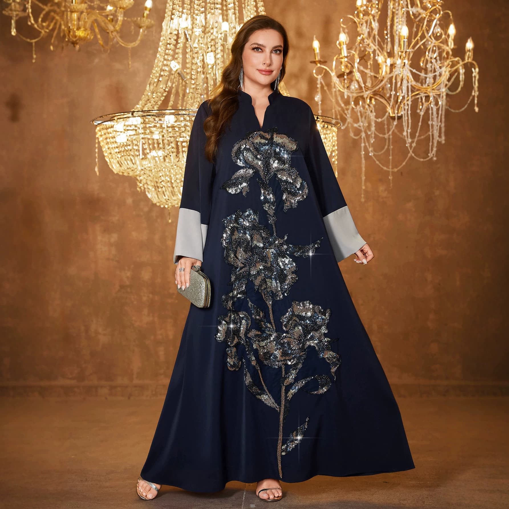 Plus Size Women V-Neck Long Sleeve Satin Elegant Evening Party Gown Dress