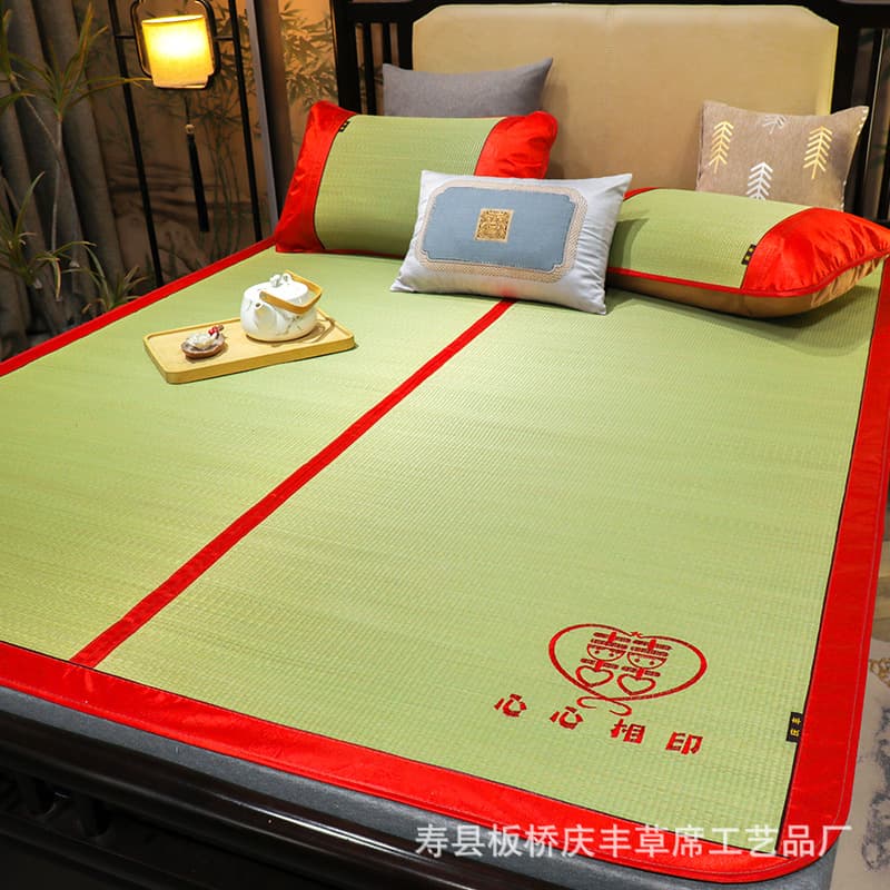 Straw Mat Wholesale Orchid Grass Mat Red Double Happiness Wedding Celebration Mat Manufacturer Cool Mat Foldable Thickened Dense Wholesale Factory