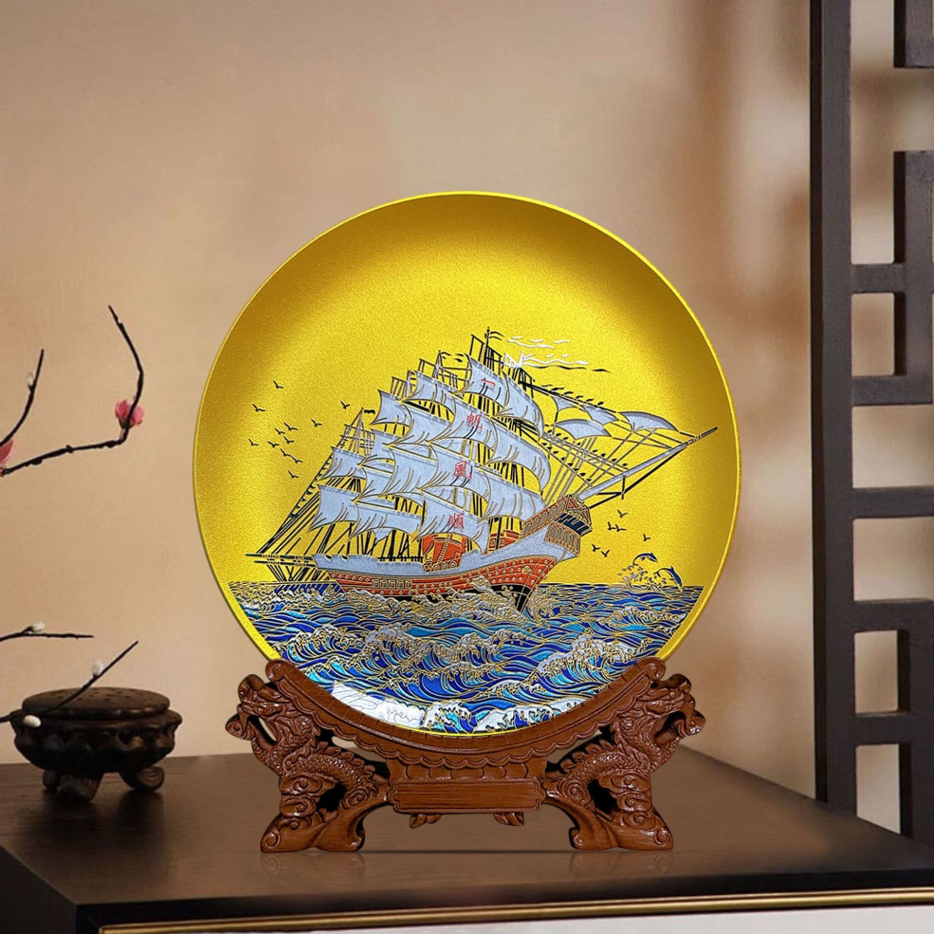 Baifu Ten-Year Manufacturer Crafted Smooth Sailing Double-Sided Crystal Carving Hand-Painted Crystallized Glass Display Plate Craft Commemorative Plate
