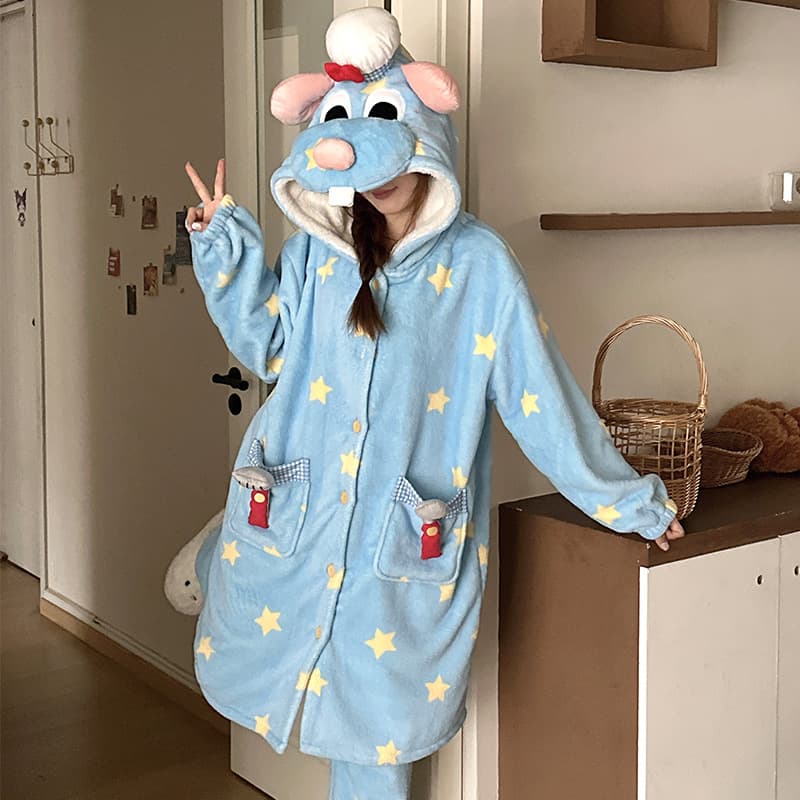 2026 Autumn/Winter Thickened Blue Star Chef Mouse Two-Piece Robe and Pants Flannel Wearable Outside Couple's Homewear