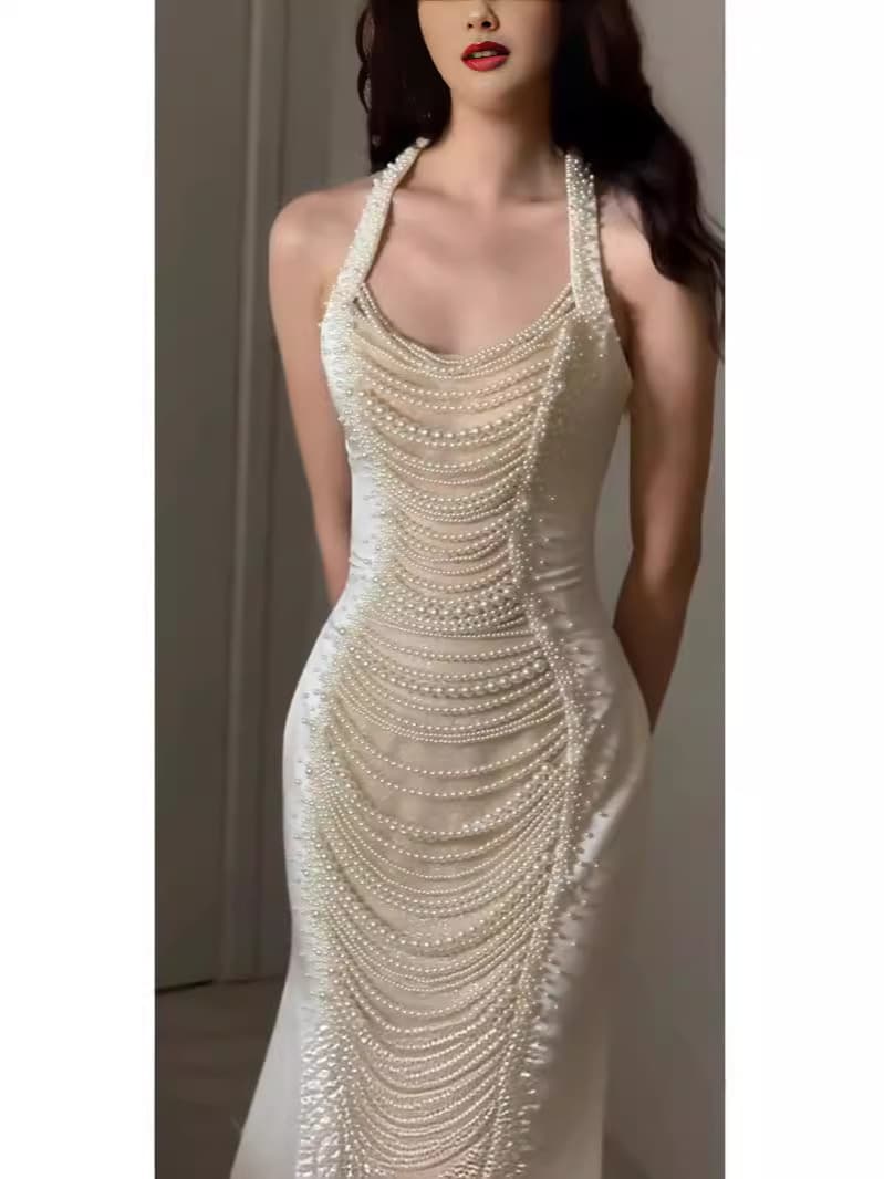 2026 New Women's French-Style Morning Dress with Heavy Pearl Embellishment, Waist-Cinching Mermaid Tail Banquet Evening Gown