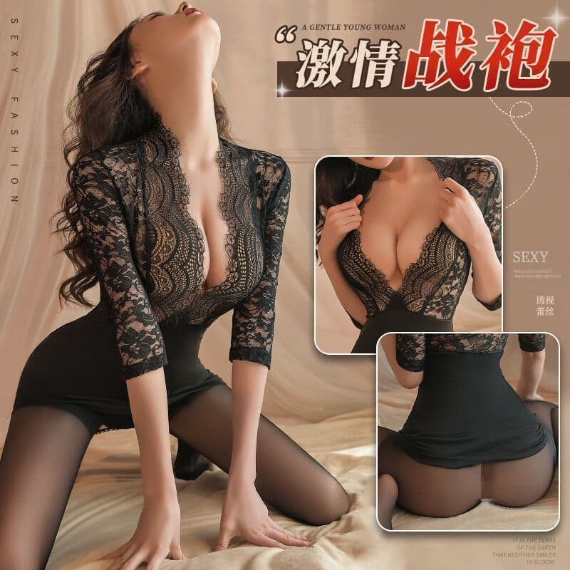 Women's Lingerie Secretary Set Lace Sexy Bodycon Dress Transparent Tempting Plus Size Open Crotch No-Removal Seduction Outfit