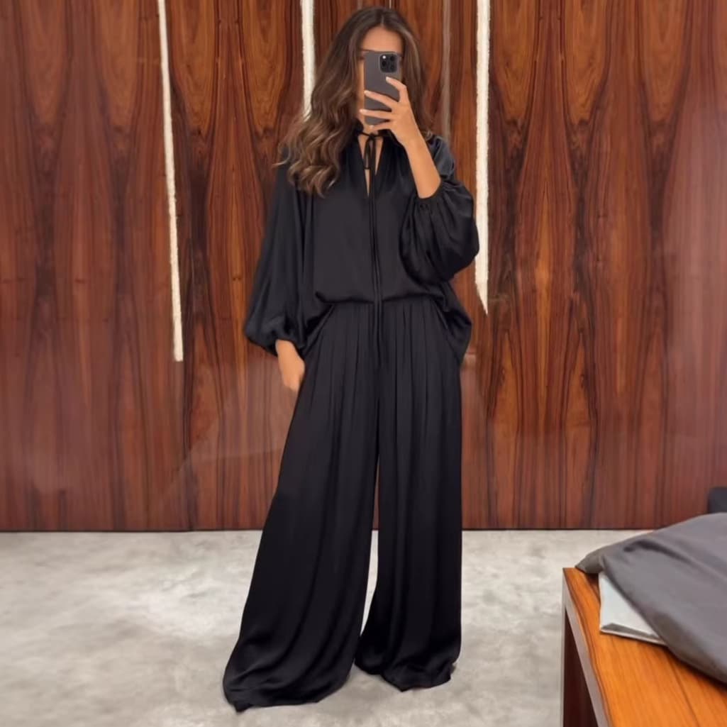 2026 Summer New European and American Amazon Export Women's Deep V-Neck Long Sleeve Slim Fit Simple Wide-Leg Pants