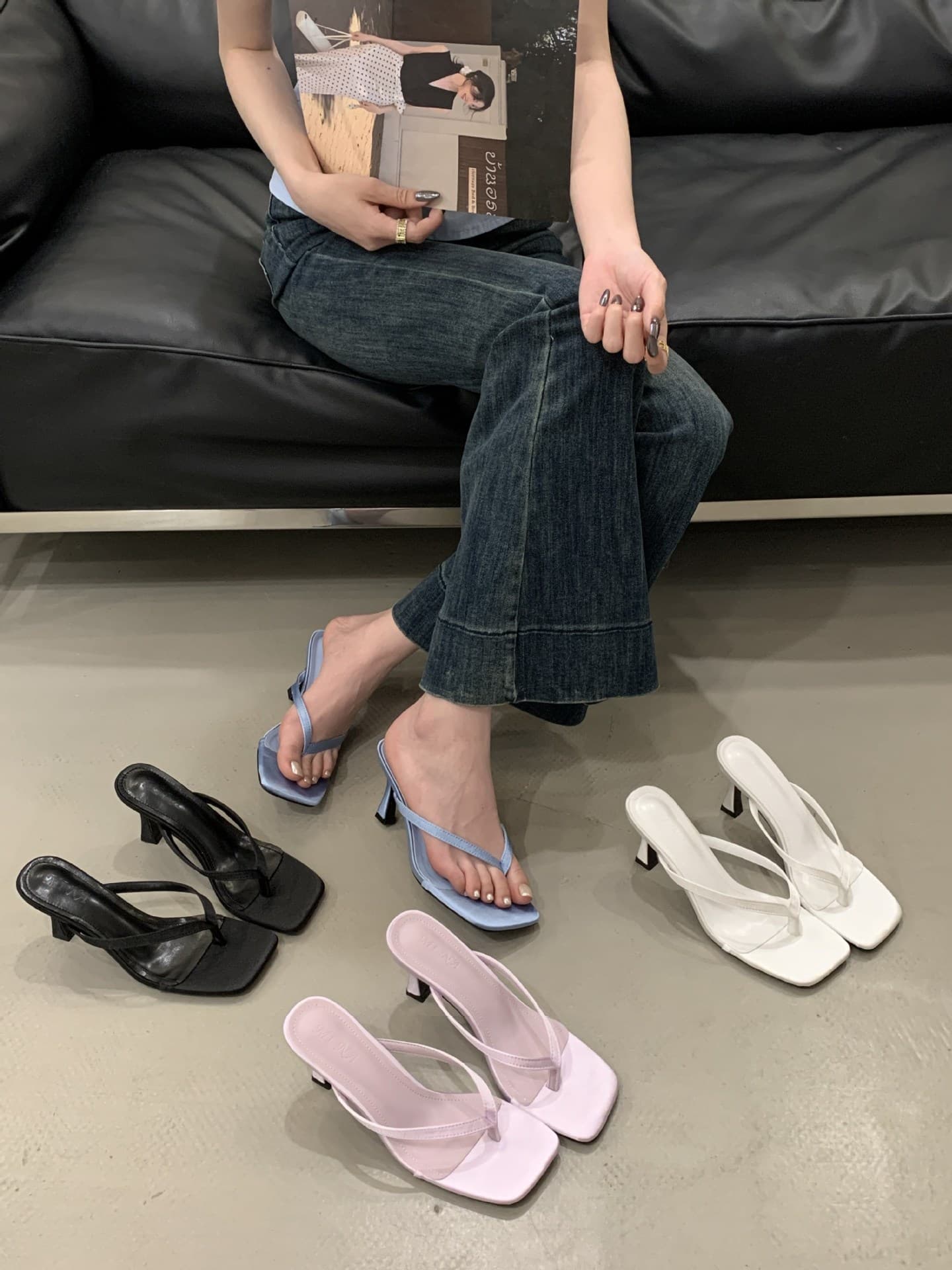 Purple High Heels French Toe-Post Sandals for Women 2025 Summer Elegant Thin Heel Casual Slippers