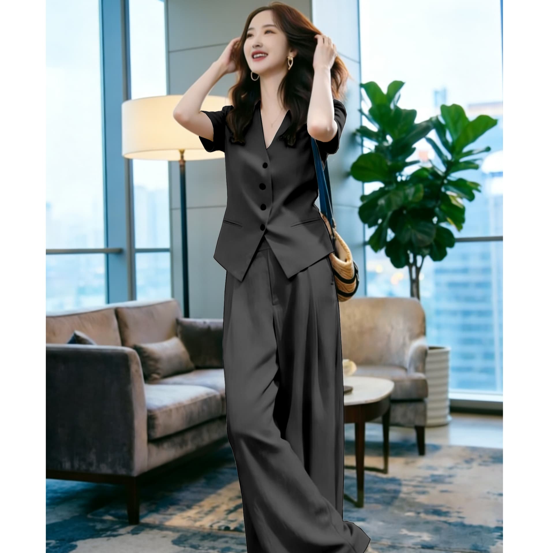 MX07 Plus Size Women's Suit 2026 Summer Collection Thin, Breathable Blazer and Wide-Leg Pants Two-Piece Set for Curvy Figures